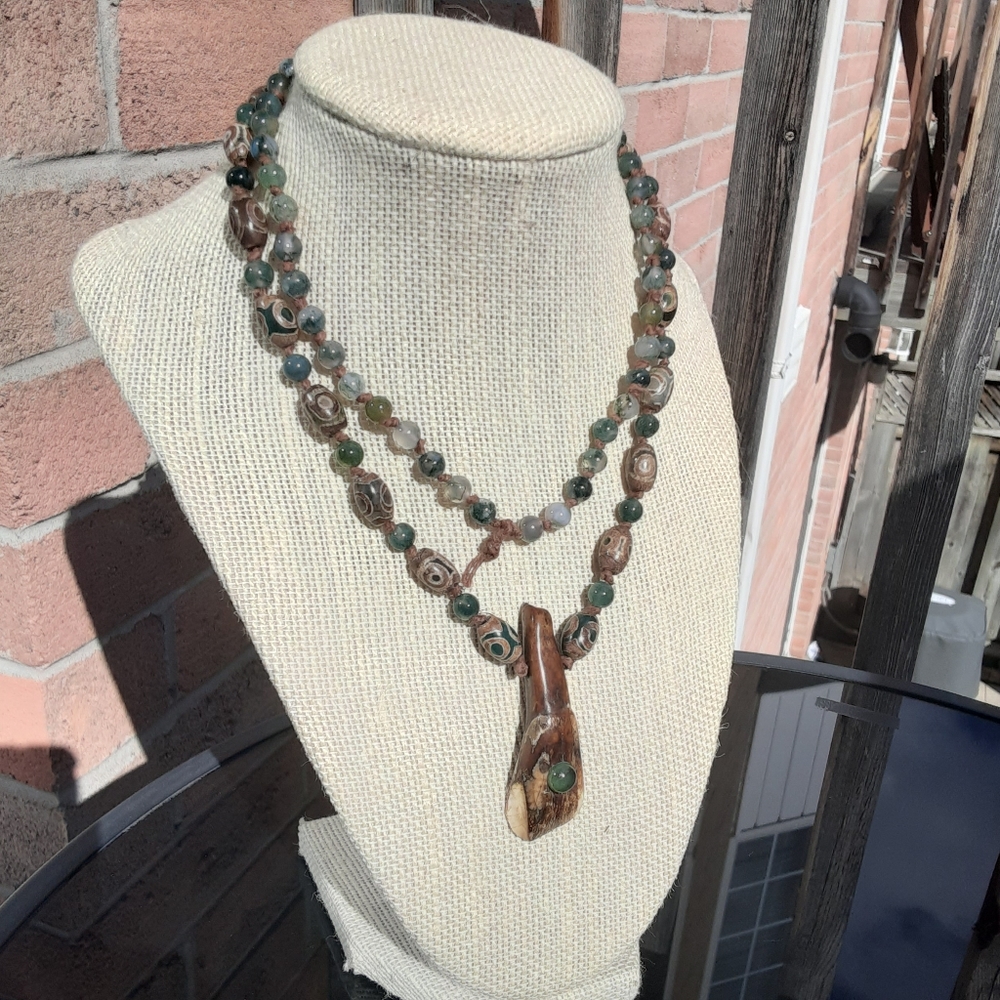 Dzi Agate/ Moss Agate/ Buffalo Tooth/ Jade- Knotted Taxidermy Necklace